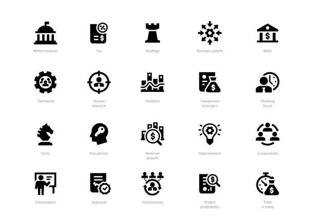 ilustrações de stock, clip art, desenhos animados e ícones de set of black solid business icons - efficiency finance computer icon symbol