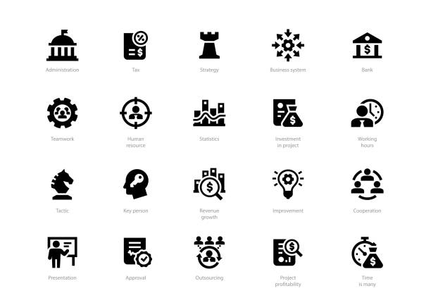Set of black solid business icons Set of black solid business icons isolated on light background. Contains such icons Administration, Tax, Strategy, Cooperation, Teamwork and more. politics stock illustrations