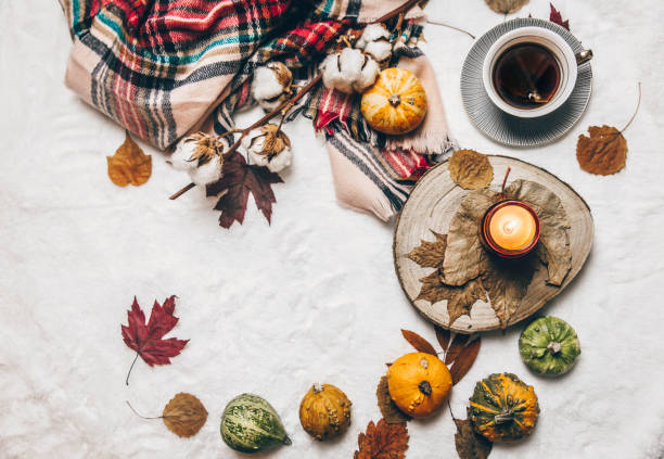 istock Autumn composition. Hot tea, autumn leaves, on cozy background. Flat lay, top view, copy space. 1062590188