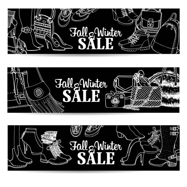 Illustration of shoes and bags set of sale banners on blackboard. Fall winter fashion collection templates Vector illustration with shoes and bags. Fall winter fashion collection on blackboard. Back and white template. Design for advertising, banners, leaflets and flyers. winter fashion collection stock illustrations