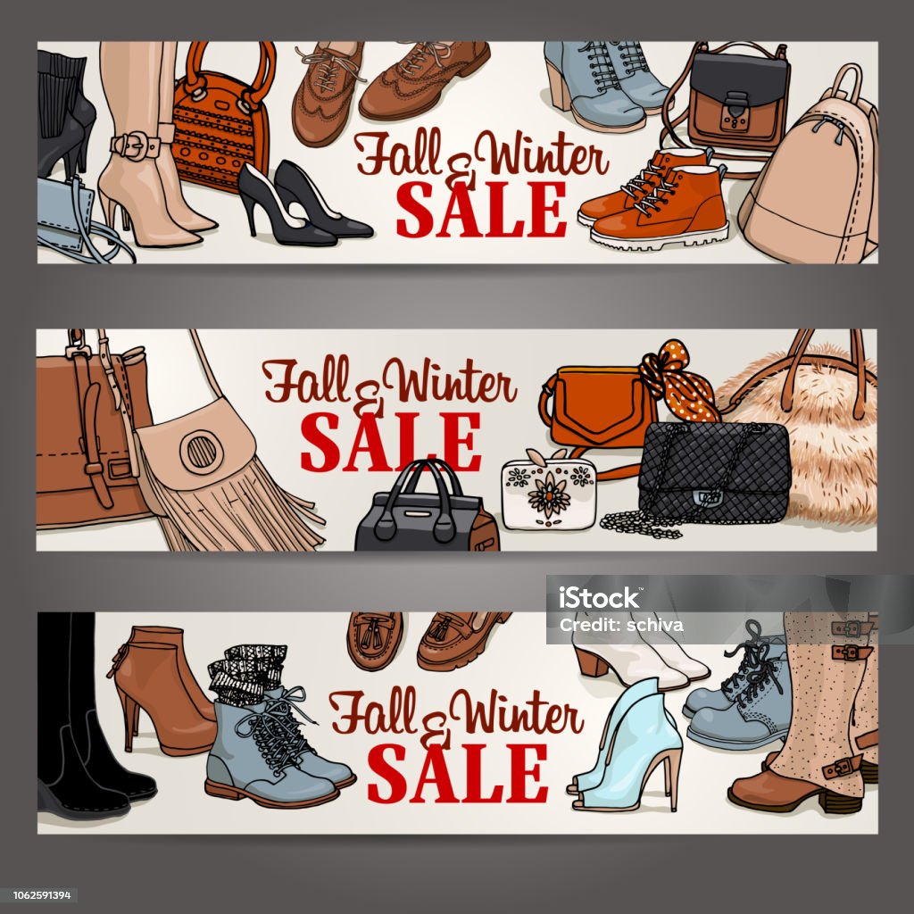 Illustration Of Female Shoes And Bags Set Of Sale Banner Fall Winter  Fashion Collection Templates Stock Illustration - Download Image Now -  iStock