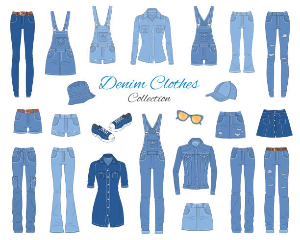 ilustrações de stock, clip art, desenhos animados e ícones de denim clothes collection. vector sketch illustration. - shorts