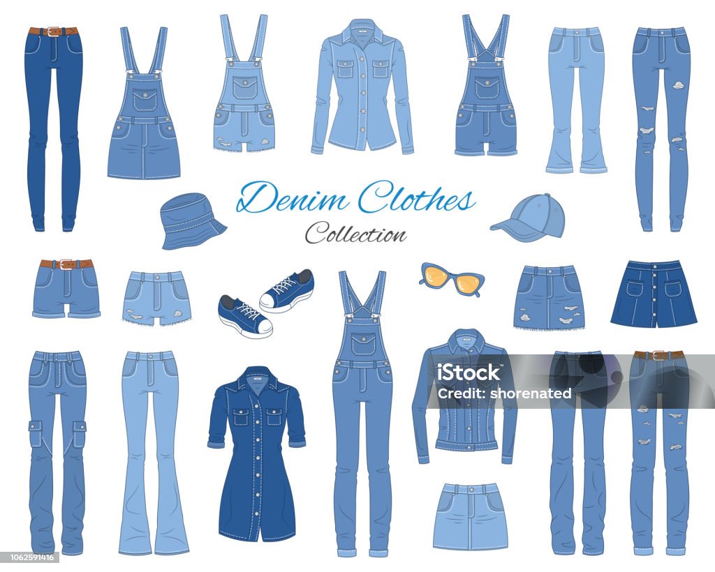 Denim clothes collection. Vector sketch illustration. Denim clothes collection. Different types of blue jeans pants, jeans jacket, shirt, shorts, skirts, overalls, cap and sneakers, isolated on white background, sketch vector illustration. Jeans stock vector