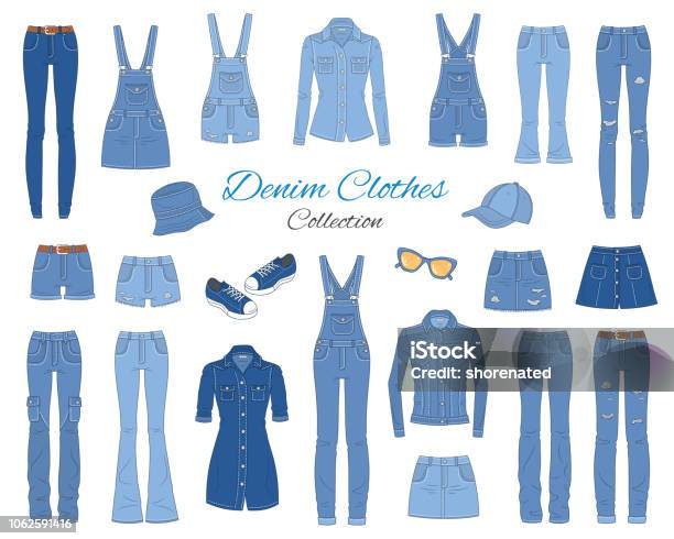 Denim Clothes Collection Vector Sketch Illustration Stock Illustration - Download Image Now