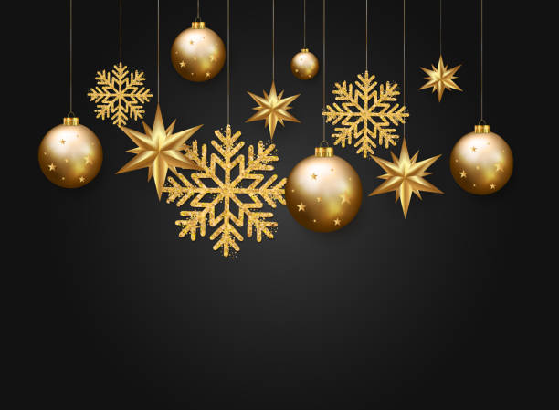istock Christmas, New Year and winter elements, gold snowflakes, bubbles, stars on black background. Vector illustration 1062592362