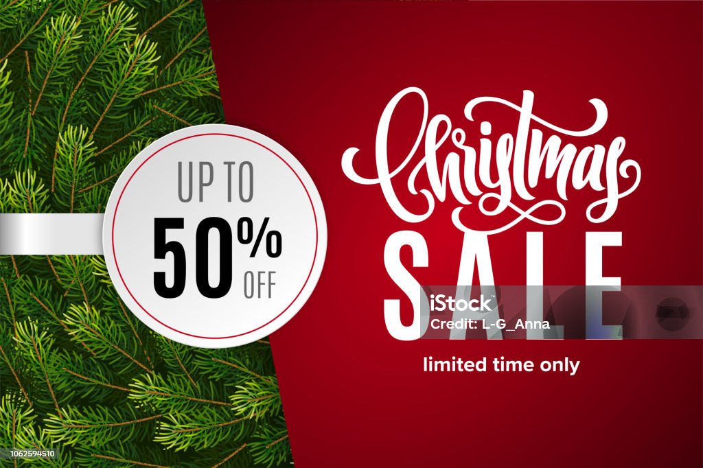 Christmas holiday sale 50% off with paper sticker on red background with fir tree branches. Limited time only. Template for a banner, poster, shopping, discount, invitation Christmas holiday sale 50% off with paper sticker on red background with fir tree branches. Limited time only. Template for a banner, poster, shopping, discount, invitation. Vector illustration for your design Christmas stock vector