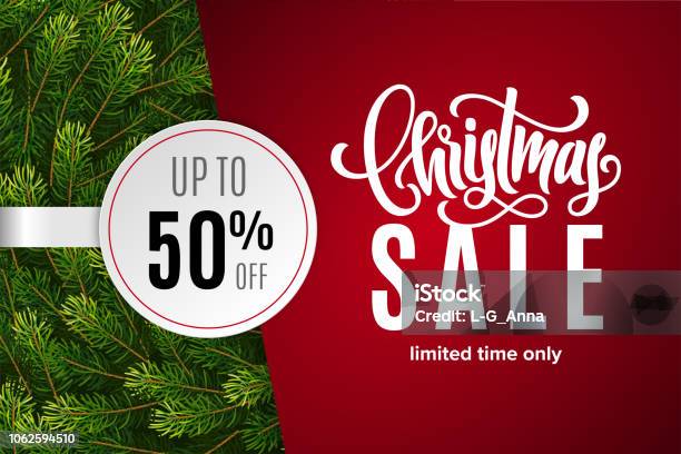 Christmas Holiday Sale 50 Off With Paper Sticker On Red Background With Fir Tree Branches Limited Time Only Template For A Banner Poster Shopping Discount Invitation Stock Illustration - Download Image Now