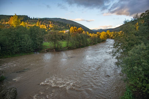 istock Stormy mountain river with autumn trees in the background. 1062604484