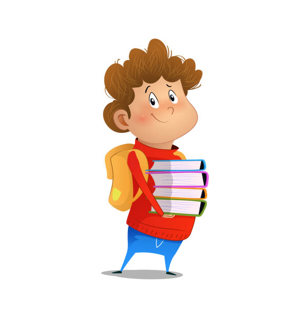 Young cartoon boy holds heavy stack of school books vector art illustration