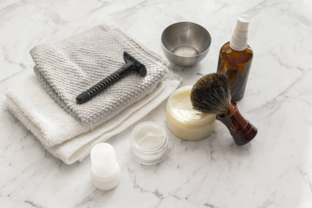 istock Men care beard shave equipment accessories on bright white marble background 1062605494
