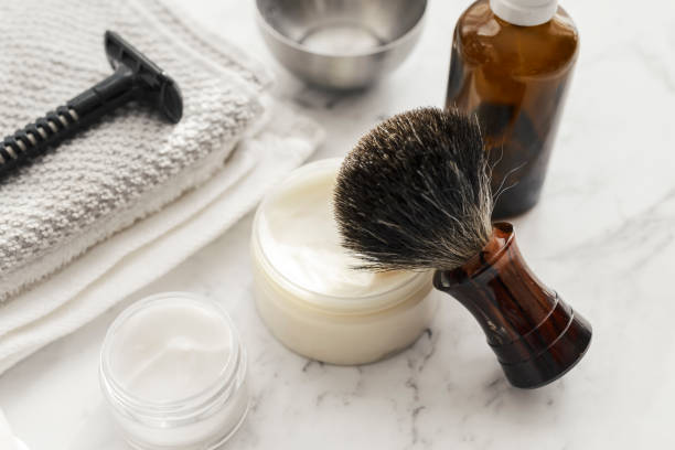 istock Men care beard shave equipment accessories on bright white marble background 1062605568