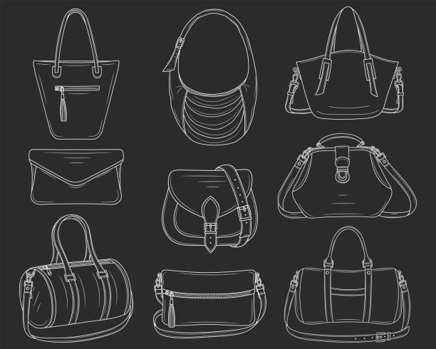 Women fashion handbags collection, vector sketch illustration. Women fashion handbags collection, vector sketch illustration. Different types of stylish bags, satchel, saddle, hobo, doctor, clutch, duffel, tote,barrel isolated on a chalkboard background. leather medical bag stock illustrations