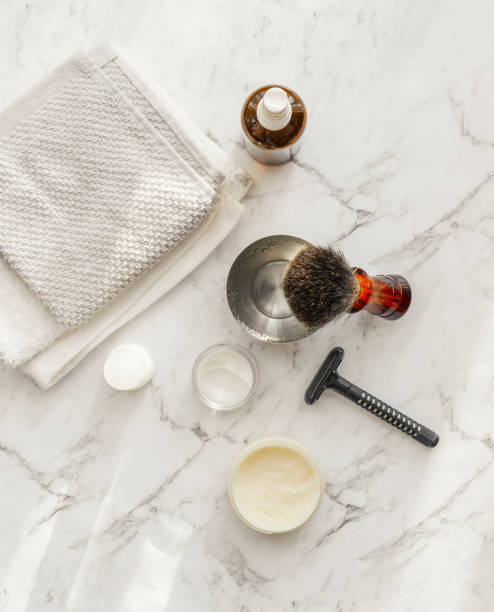 istock Men care beard shave equipment accessories on bright white marble background 1062605698