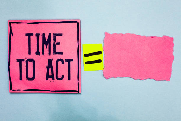 istock Writing note showing Time To Act. Business photo showcasing Do it now Response Immediately Something need to be done Pink paper notes reminders equal sign important messages to remember. 1062607126