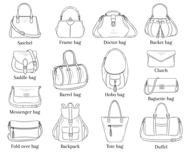 여성 패션 핸드백 컬렉션, 벡터 스케치 그림. - saddlebag stock illustrations