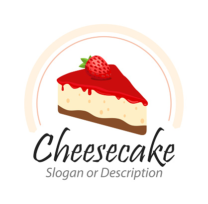 Tasty Cheesecake with Strawberry illustration with captions. Vector emblem isolated on white background.