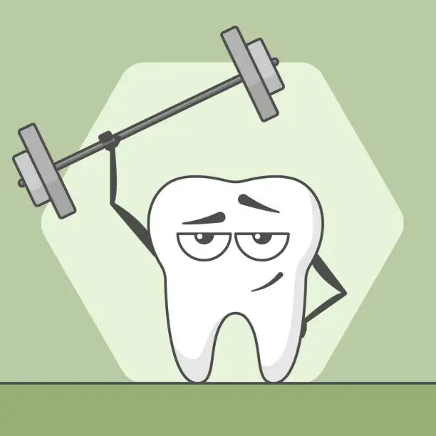 Vector illustration of Cute happy cartoon tooth is in the fitness