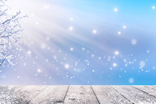 empty blurred winter landscape with wooden planks