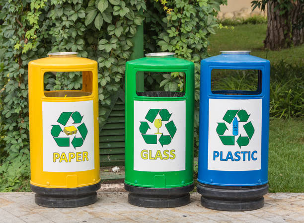 istock Three multicolored recycle bins for waste with icons for the sorting junk waste. 1062625416