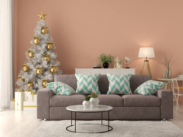 Interior of modern living room with christmas tree 3D rendering