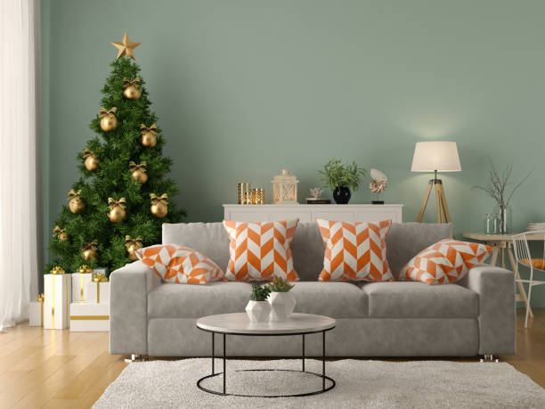 istock Interior of modern living room with christmas tree 3D rendering 1062627088