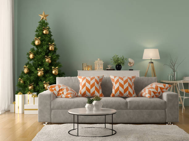 Interior of modern living room with christmas tree 3D rendering Interior of modern living room with christmas tree 3 D rendering pink christmas tree stock pictures, royalty-free photos & images