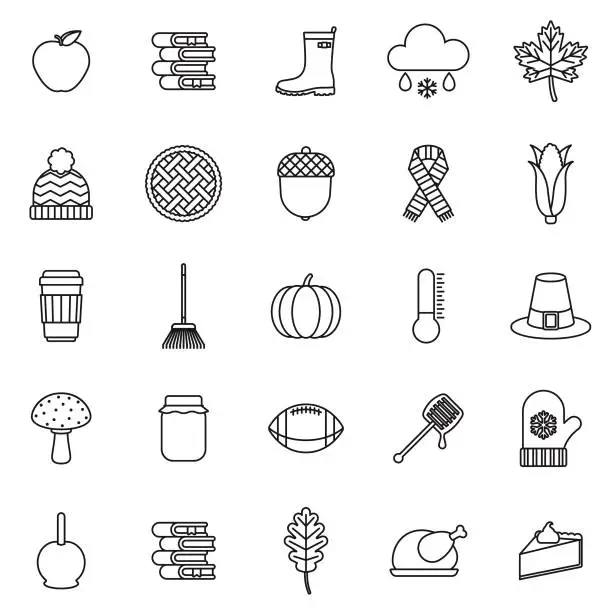 Vector illustration of Autumn Thin Line Outline Icon Set