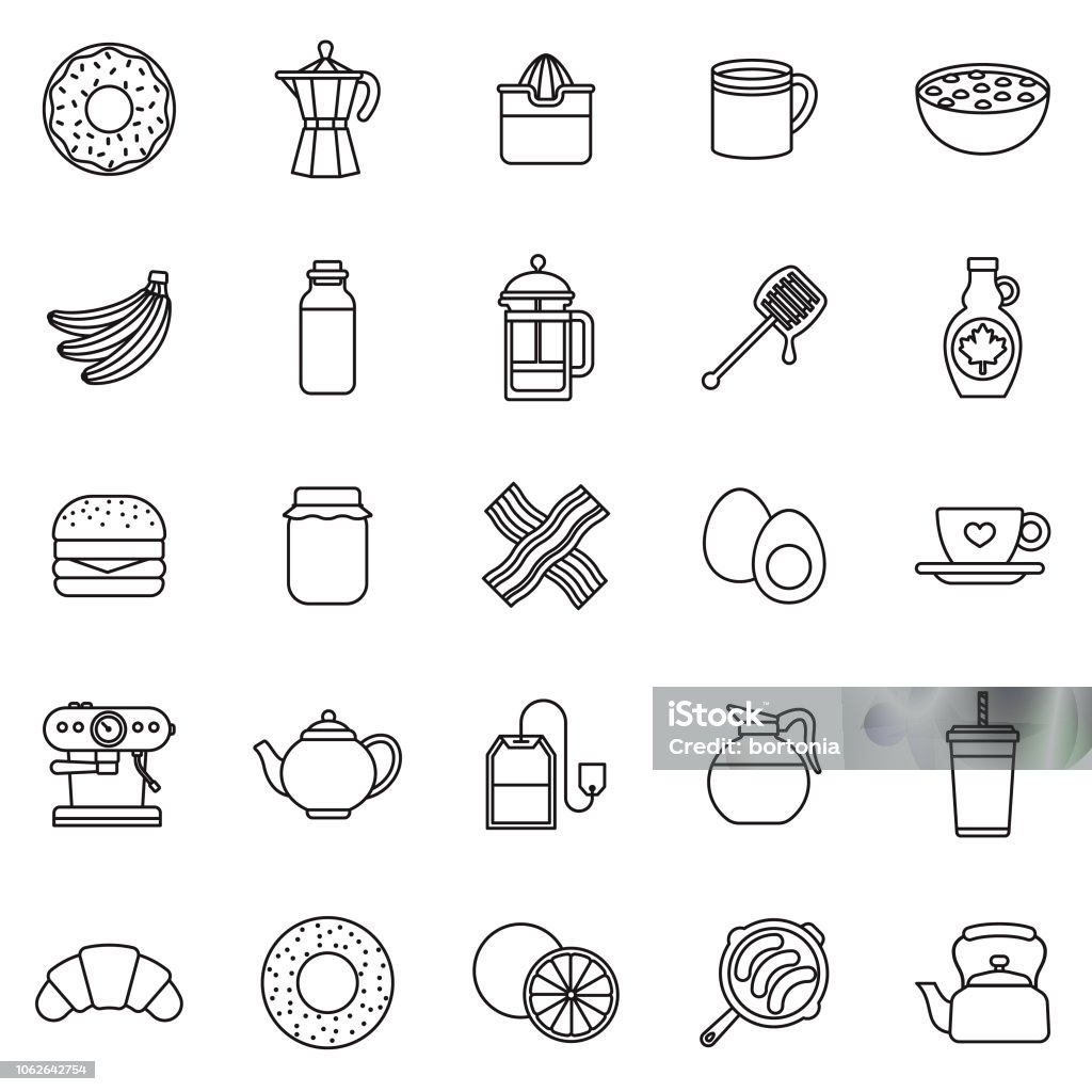 Breakfast Thin Line Outline Icon Set A group of 25 black and white thin line icons. File is built in the CMYK color space for optimal printing, with 100% black and white swatches. Icons are grouped and easy to isolate. Icon Symbol stock vector