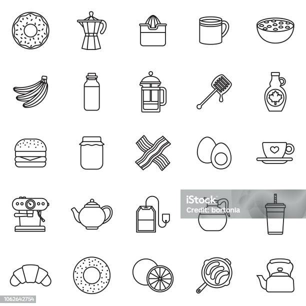 Breakfast Thin Line Outline Icon Set Stock Illustration - Download Image Now - Icon Symbol, Maple Syrup, Bagel