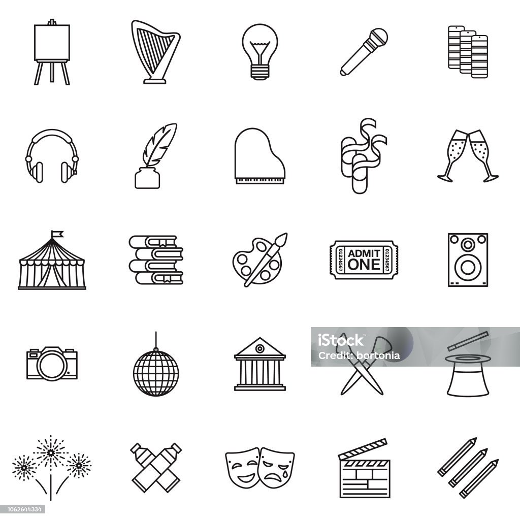 Fine Arts Thin Line Outline Icon Set A group of 25 black and white thin line icons. File is built in the CMYK color space for optimal printing, with 100% black and white swatches. Icons are grouped and easy to isolate. Icon Symbol stock vector