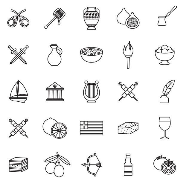 Greece Thin Line Outline Icon Set A group of 25 black and white thin line icons. File is built in the CMYK color space for optimal printing, with 100% black and white swatches. Icons are grouped and easy to isolate. famous archer stock illustrations