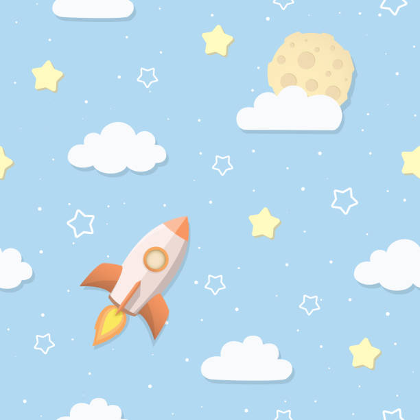 ilustraciones, imágenes clip art, dibujos animados e iconos de stock de patrón de lindo cielo transparente con luna llena, nubes, estrellas y cohetes. cohete espacial de dibujos animados de vuelo a la luna. dormitorio de niños, fondos de pantalla de bebé vivero. tapa o una envoltura de regalo. ilustración de vector. - parvulario dormitorio