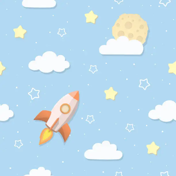 Vector illustration of Cute seamless sky pattern with full moon, clouds, stars, and rocket. Cartoon space rocket flying to the Moon. Children's bedroom, baby nursery wallpaper. Cover or a gift wrap. Vector Illustration.