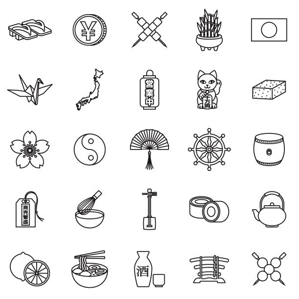 Japan Thin Line Outline Icon Set A group of 25 black and white thin line icons. File is built in the CMYK color space for optimal printing, with 100% black and white swatches. Icons are grouped and easy to isolate. modern geisha stock illustrations