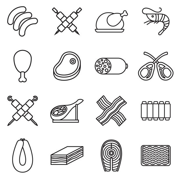 Meat Thin Line Outline Icon Set A group of 25 black and white thin line icons. File is built in the CMYK color space for optimal printing, with 100% black and white swatches. Icons are grouped and easy to isolate. fish clip art black and white stock illustrations