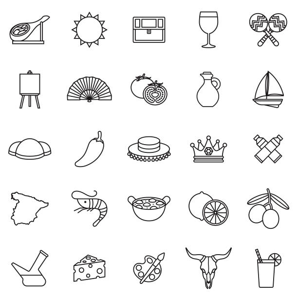 ilustraciones, imágenes clip art, dibujos animados e iconos de stock de conjunto de iconos de contorno de línea fina de españa - shrimp cocktail