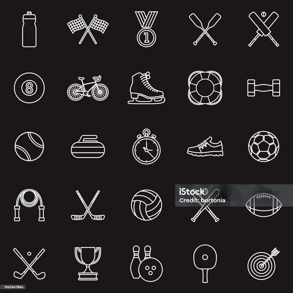 Sports Thin Line Outline Icon Set A group of 25 black and white thin line icons. File is built in the CMYK color space for optimal printing, with 100% black and white swatches. Icons are grouped and easy to isolate. Icon Symbol stock vector