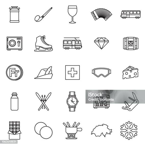 Switzerland Thin Line Outline Icon Set Stock Illustration - Download Image Now - Icon Symbol, Switzerland, Swiss Currency