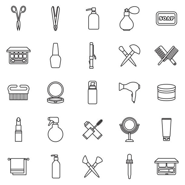 Beauty Thin Line Outline Icon Set A group of 25 black and white thin line icons. File is built in the CMYK color space for optimal printing, with 100% black and white swatches. Icons are grouped and easy to isolate. nail brush stock illustrations