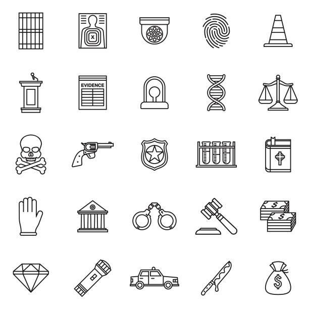 crime & punishment thin line outline icon set - forensic science flash stock illustrations