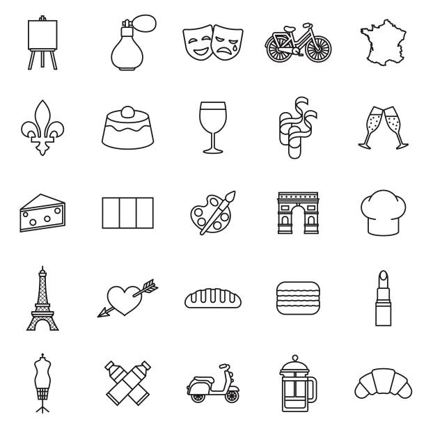 France Thin Line Outline Icon Set A group of 25 black and white thin line icons. File is built in the CMYK color space for optimal printing, with 100% black and white swatches. Icons are grouped and easy to isolate. french flag clip art stock illustrations