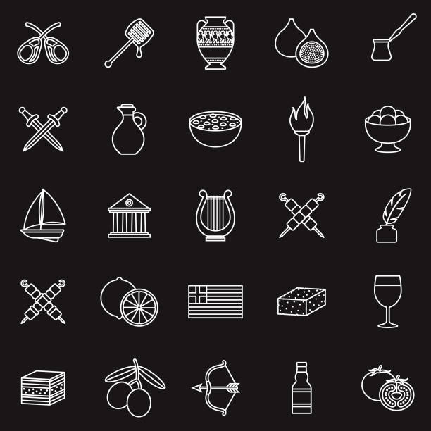 Greece Thin Line Outline Icon Set A group of 25 black and white thin line icons. File is built in the CMYK color space for optimal printing, with 100% black and white swatches. Icons are grouped and easy to isolate. famous archer stock illustrations