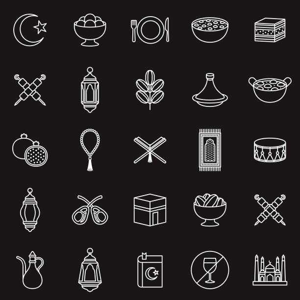 Ramadan Thin Line Outline Icon Set A group of 25 black and white thin line icons. File is built in the CMYK color space for optimal printing, with 100% black and white swatches. Icons are grouped and easy to isolate. baklava stock illustrations