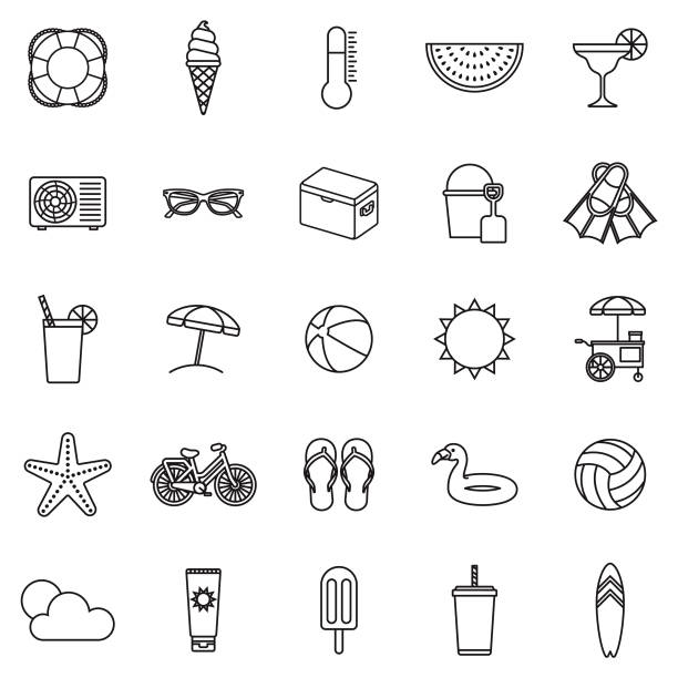 ilustrações de stock, clip art, desenhos animados e ícones de summer thin line outline icon set - margarita cocktail drink umbrella drink