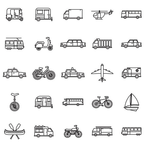 Transportation Thin Line Outline Icon Set A group of 25 black and white thin line icons. File is built in the CMYK color space for optimal printing, with 100% black and white swatches. Icons are grouped and easy to isolate. boat trailer stock illustrations