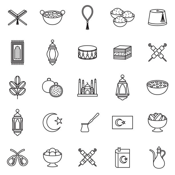Turkey Thin Line Outline Icon Set A group of 25 black and white thin line icons. File is built in the CMYK color space for optimal printing, with 100% black and white swatches. Icons are grouped and easy to isolate. fruit of islam stock illustrations