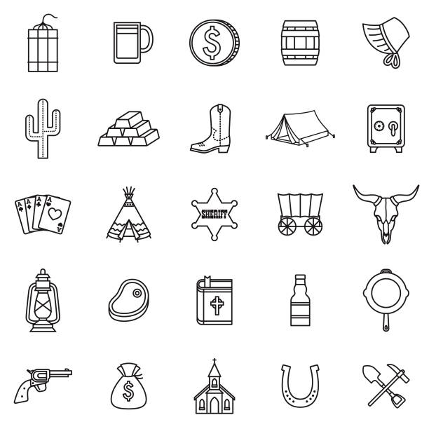 Wild West Thin Line Outline Icon Set A group of 25 black and white thin line icons. File is built in the CMYK color space for optimal printing, with 100% black and white swatches. Icons are grouped and easy to isolate. cowboy boot stock illustrations