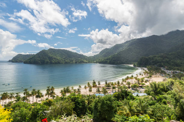 Maracas beach Trinidad high viewpoint Caribbean Maracas beach viewed from above on a sunny day. Weekend getaway for trinis in Trinidad and Tobago, caribbean island. trinidad culture stock pictures, royalty-free photos & images