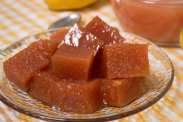 traditional quince jam Close up of traditional quince jam homemade with natural ingredients. cydonia stock pictures, royalty-free photos & images