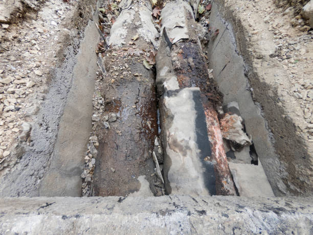 istock Ruined leaking district heating pipeline in concrete trench 1062677232